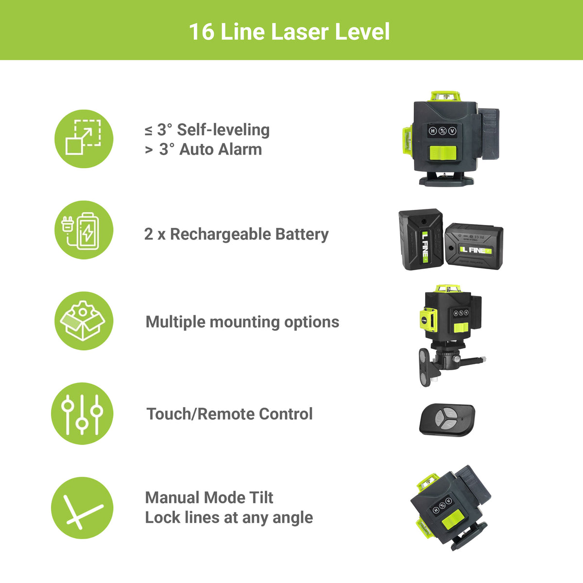 L-Fine 4D 16-Line 4x360° Green Laser Level Complete Kit