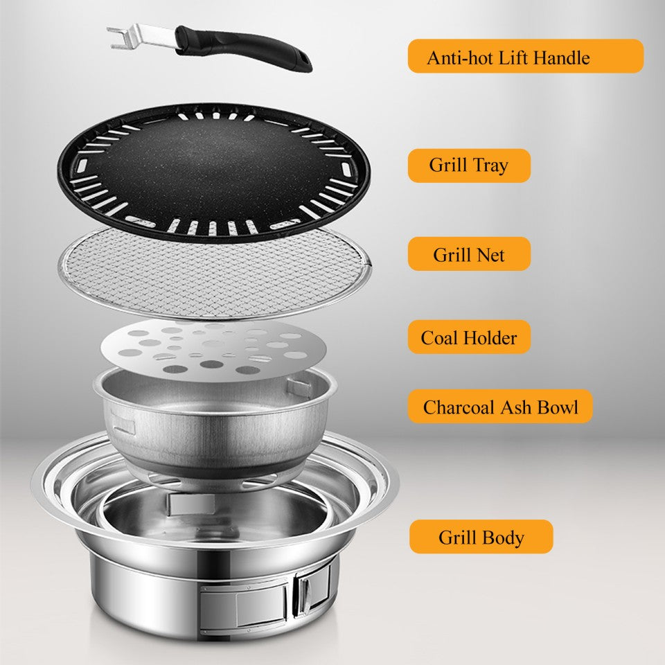 Portable Stainless Steel Charcoal Grill – Non-Stick Korean BBQ (Ø ~35 cm)