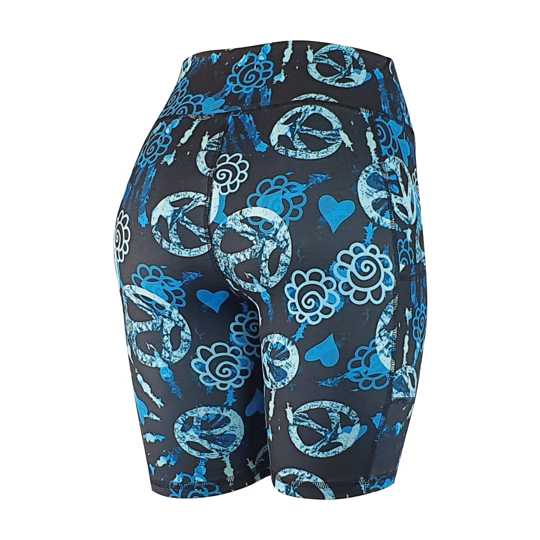 Blue peace and love print - Soft Activewear Shorts with pockets
