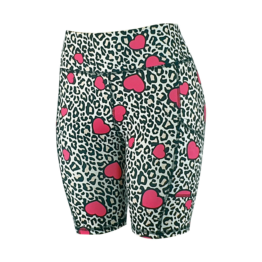 Leopard print pink hearts - Soft Activewear Shorts with pockets