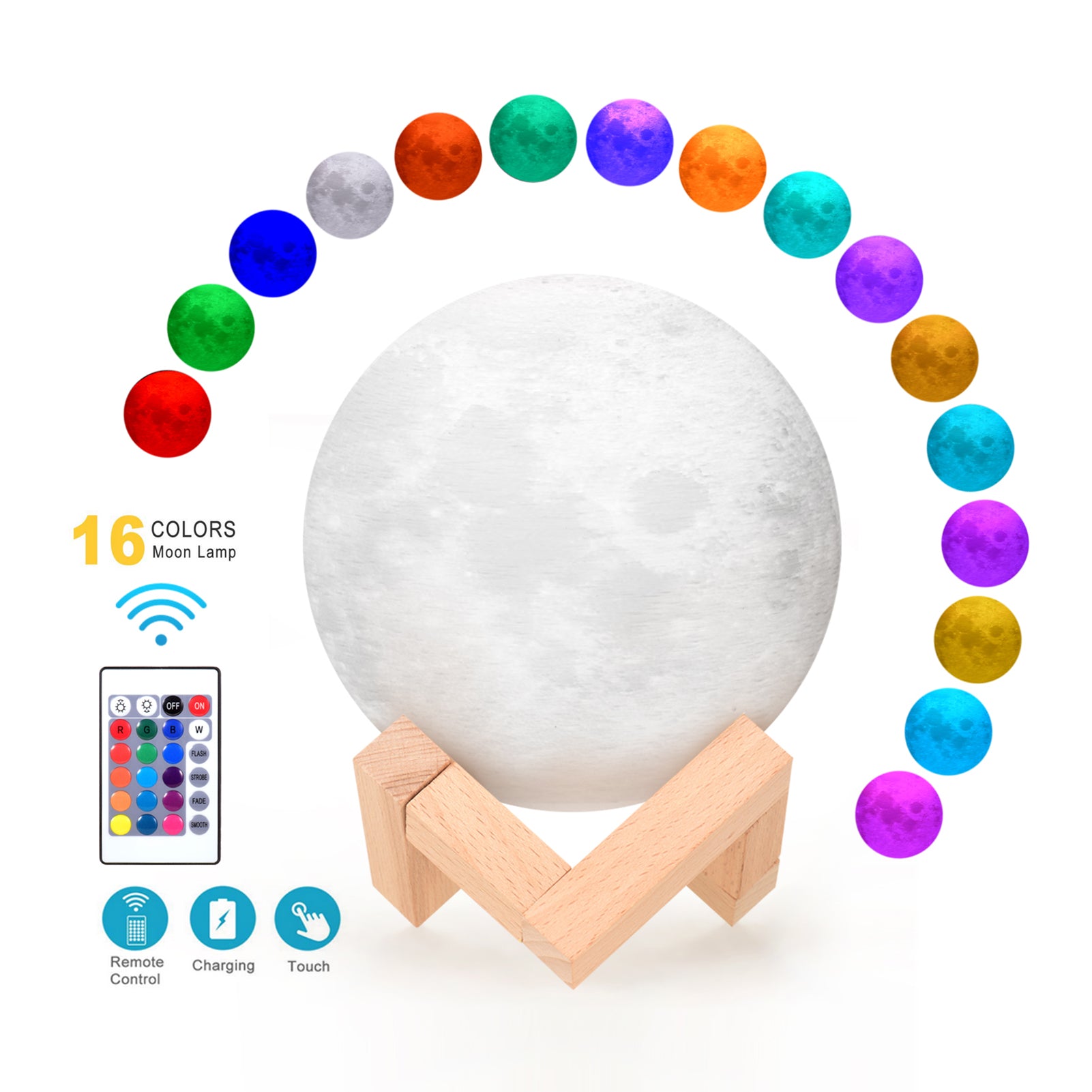 16 Colours Creative Moon Lamp 3D Printed Lunar Lamp LED Night Light 12