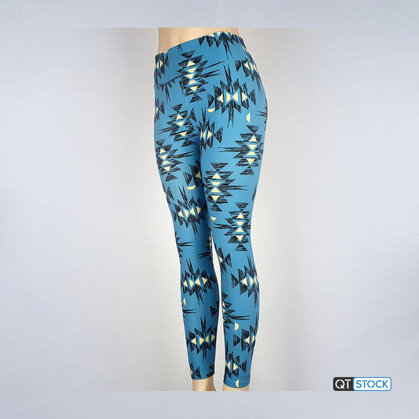 Geometric Floral Printed Turquoise Yoga Leggings, Seashell