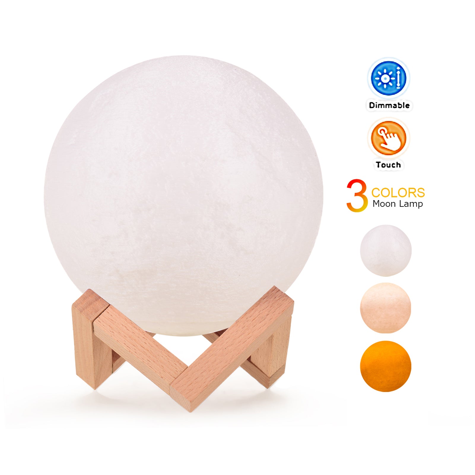 3 Colours Creative Moon Lamp 3D Printed Lunar LED Night Light 20cm with Stand